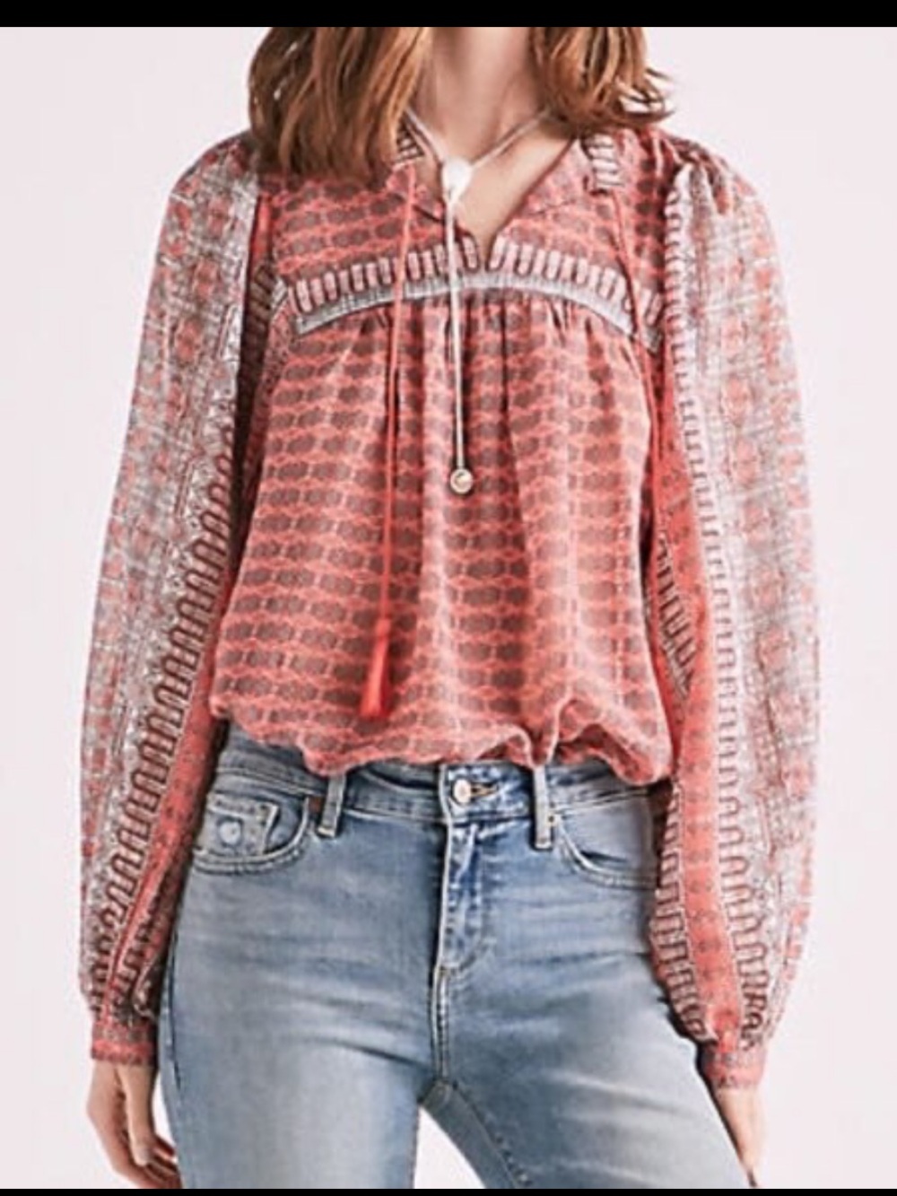 Lucky Brand Coral and Cream Boho Tassel Peasant Blouse S